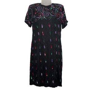 Vintage 90s Size Small Black Multicolor Sequin Cocktail Dress Silk Evening Party